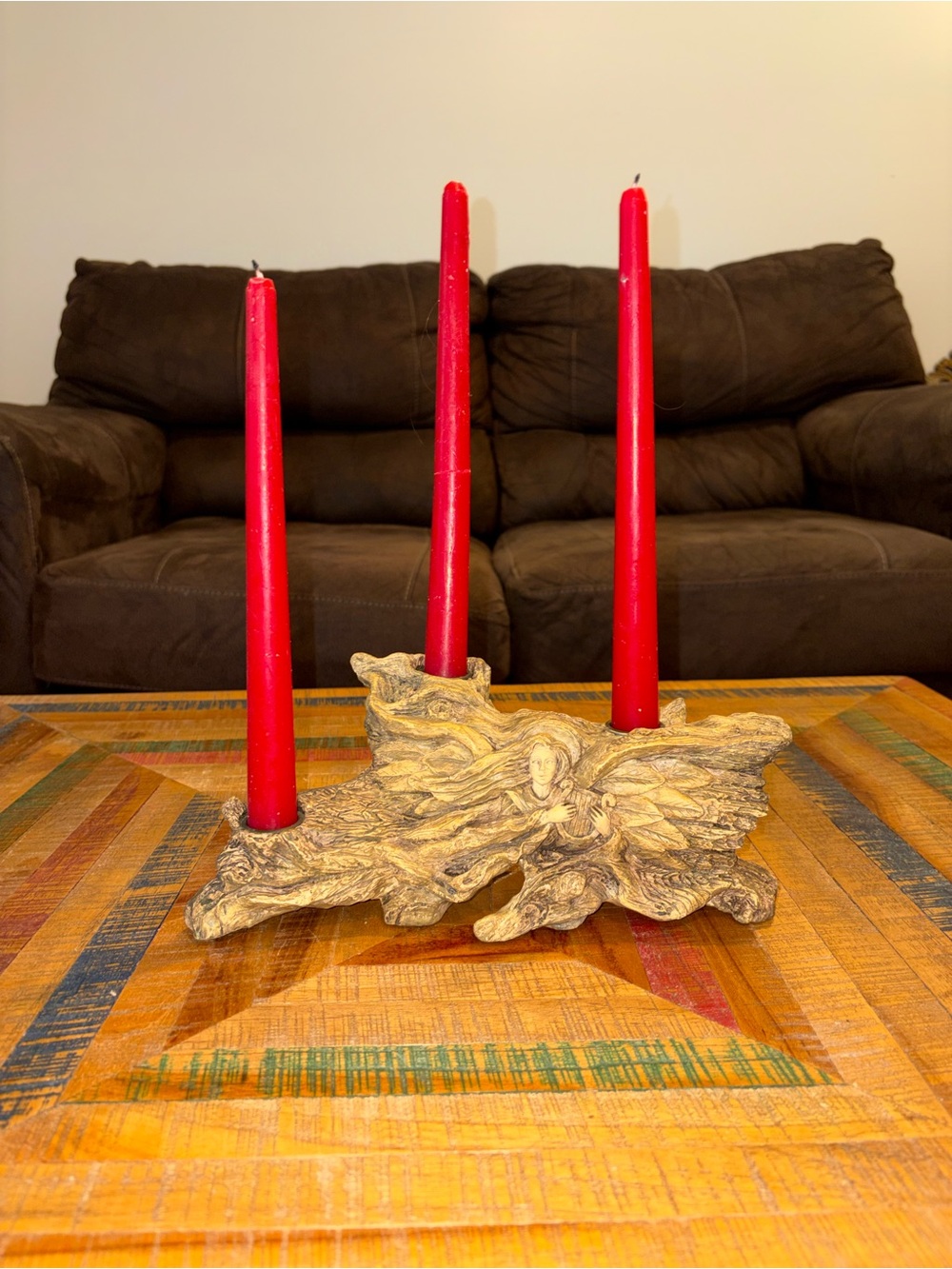 Vintage Resin Faux Driftwood Angel Playing Instrument Candleholder